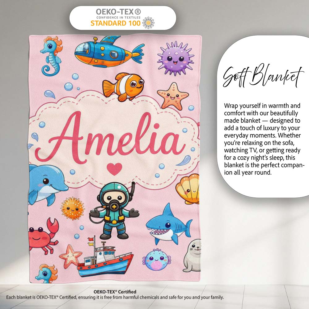 Cartoon Ocean with various sea CreaturesSea Creatures on Blush Pink  Personalised Custom Name Super Soft Fleece Blanket Bed Sofa Throw