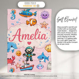 Cartoon Ocean with various sea CreaturesSea Creatures on Blush Pink  Personalised Custom Name Super Soft Fleece Blanket Bed Sofa Throw
