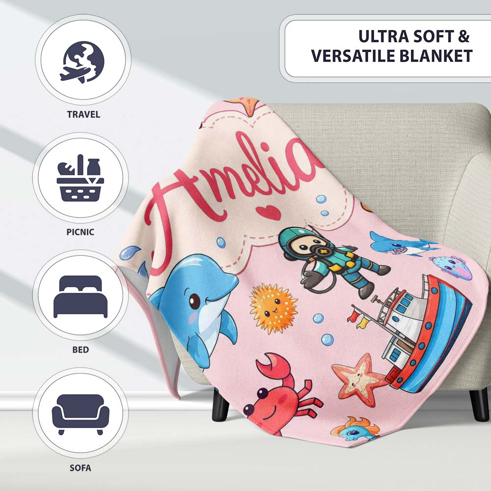 Cartoon Ocean with various sea CreaturesSea Creatures on Blush Pink  Personalised Custom Name Super Soft Fleece Blanket Bed Sofa Throw