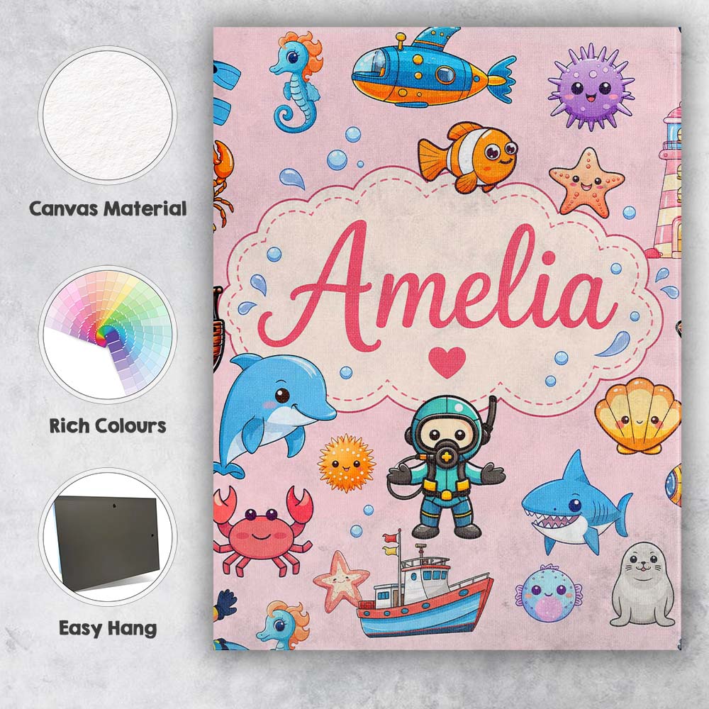 Personalised Name Cartoon Ocean with Custom Premium Decorative Design Modern Room Accent Canvas Wall Art Print Decor Picture Ready to Hang
