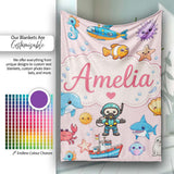 Cartoon Ocean with various sea CreaturesSea Creatures on Blush Pink  Personalised Custom Name Super Soft Fleece Blanket Bed Sofa Throw