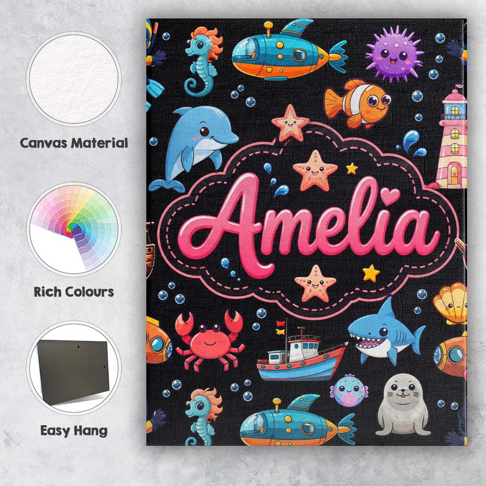Personalised Name Cartoon Ocean with Custom Premium Decorative Design Modern Room Accent Canvas Wall Art Print Decor Picture Ready to Hang