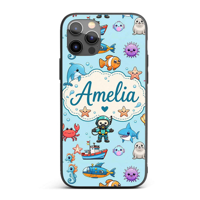 Cartoon Ocean with various sea Creatures Sea Custom Name Protective Phone Case Mobile Cover Durable Everyday Smartphone Shock Resistant