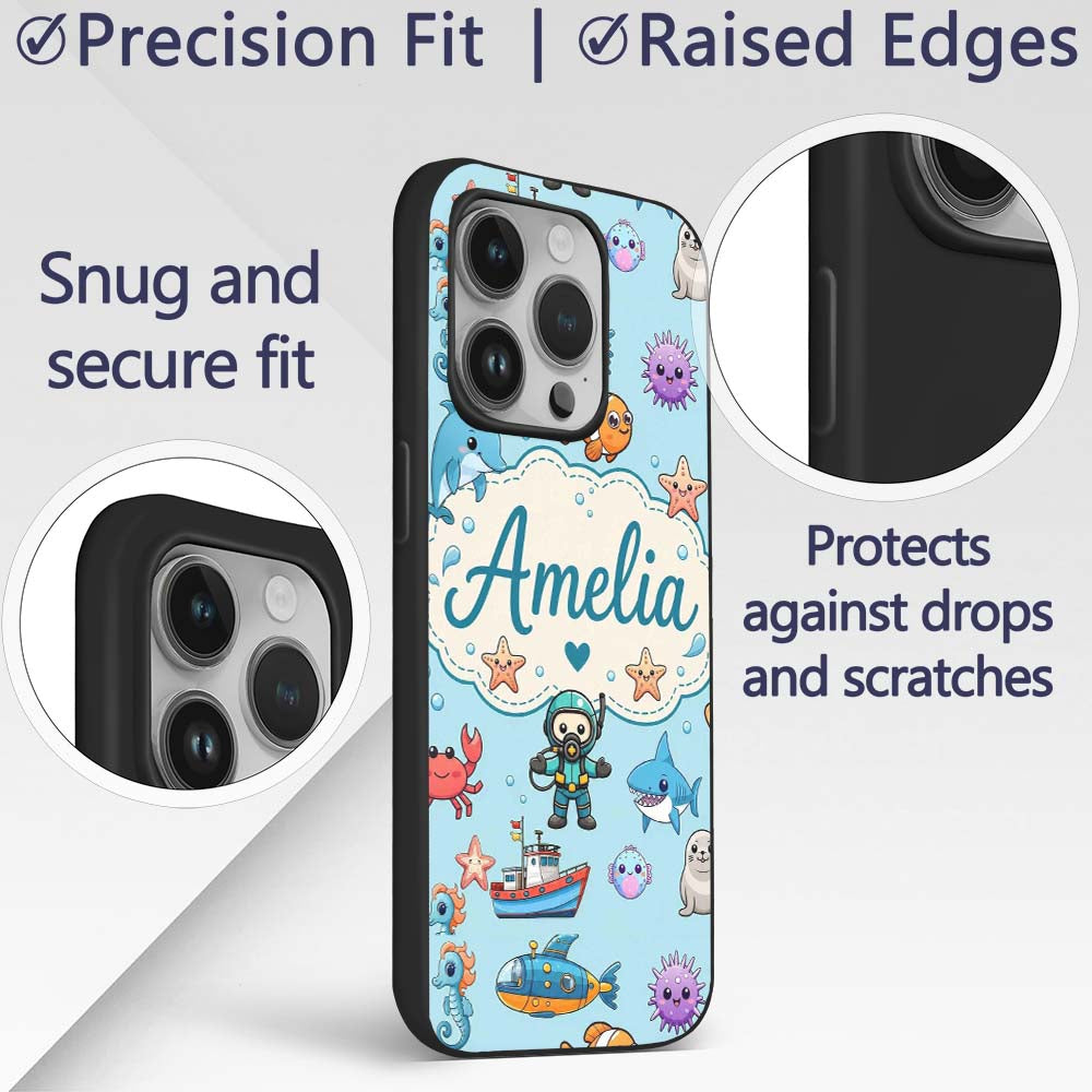 Cartoon Ocean with various sea Creatures Sea Custom Name Protective Phone Case Mobile Cover Durable Everyday Smartphone Shock Resistant