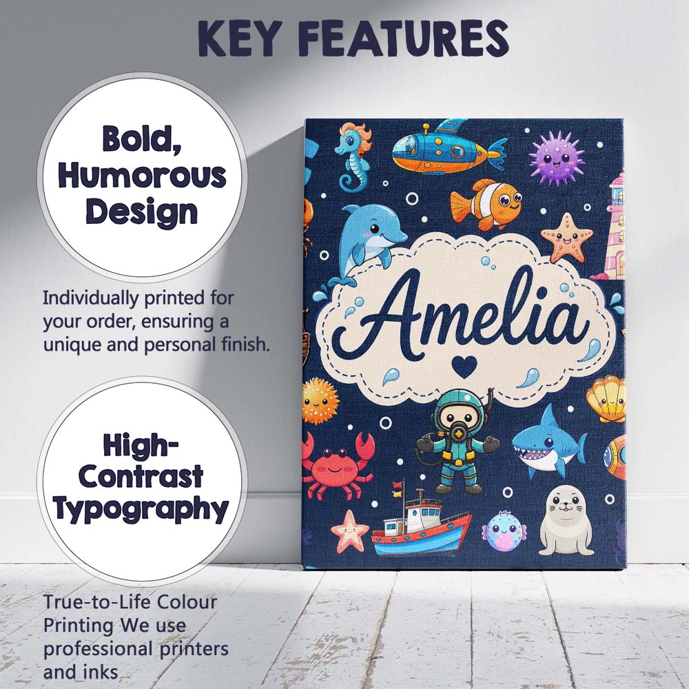 Personalised Name Cartoon Ocean with Custom Premium Decorative Design Modern Room Accent Canvas Wall Art Print Decor Picture Ready to Hang