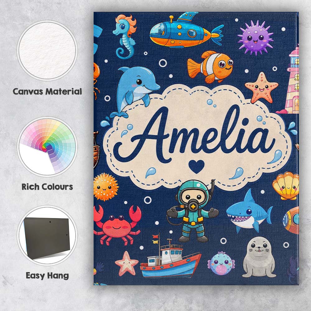 Personalised Name Cartoon Ocean with Custom Premium Decorative Design Modern Room Accent Canvas Wall Art Print Decor Picture Ready to Hang