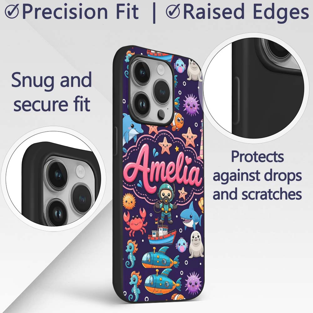 Cartoon Ocean with Various Sea Creatures on Rich Custom Name Protective Phone Case Mobile Cover Durable Everyday Smartphone Shock Resistant