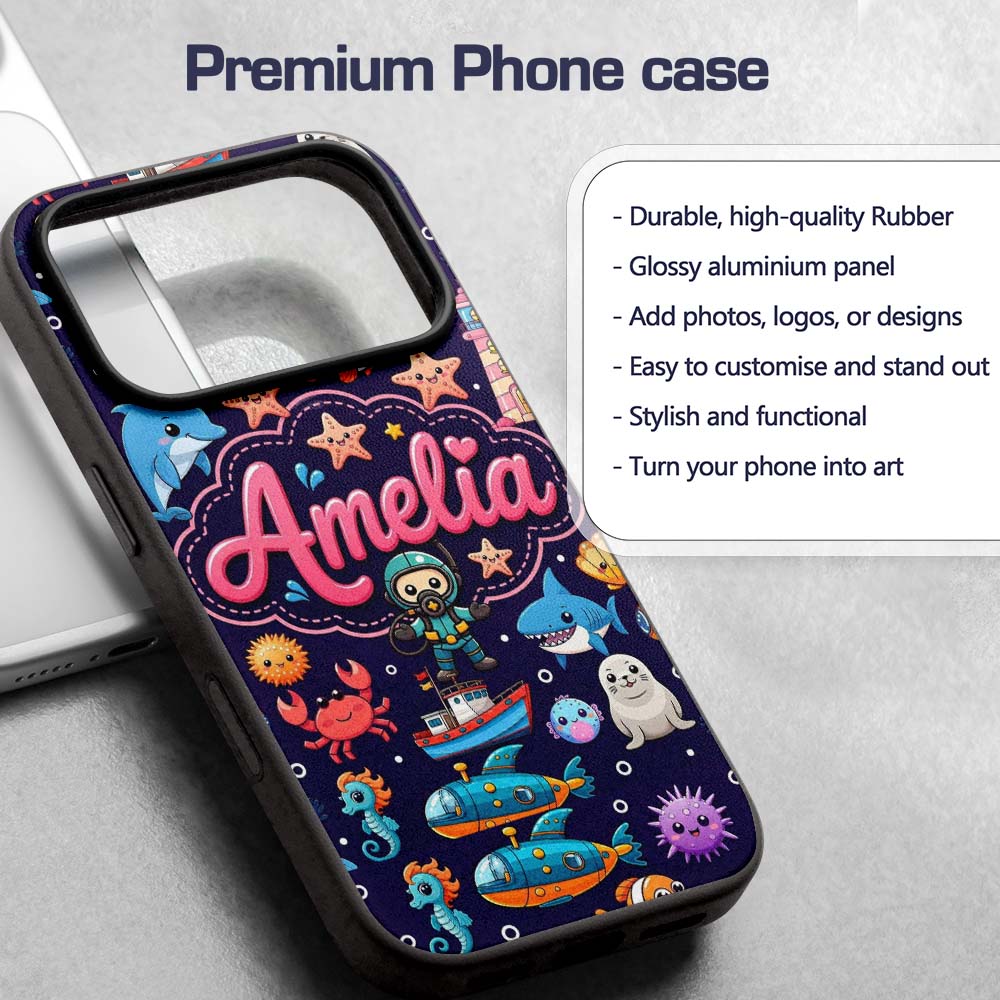 Cartoon Ocean with Various Sea Creatures on Rich Custom Name Protective Phone Case Mobile Cover Durable Everyday Smartphone Shock Resistant