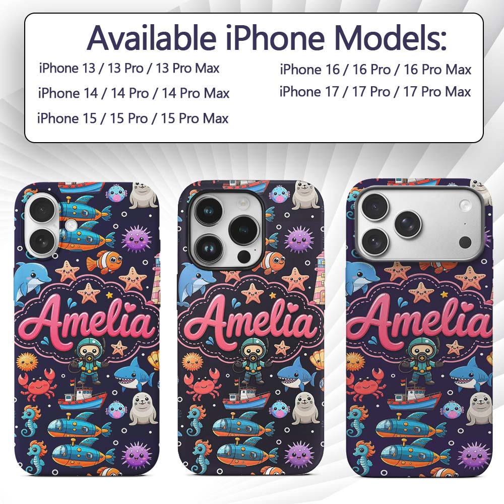 Cartoon Ocean with Various Sea Creatures on Rich Custom Name Protective Phone Case Mobile Cover Durable Everyday Smartphone Shock Resistant