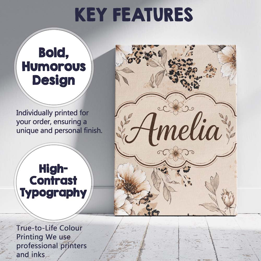 Personalised Name Elegant Beige Floral with Custom  Bespoke Interior Contemporary Canvas Wall Art Print Decor Picture Ready to Hang