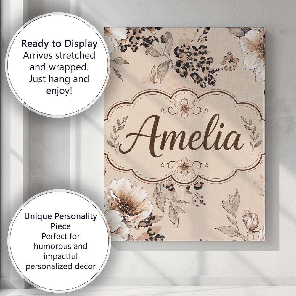 Personalised Name Elegant Beige Floral with Custom  Bespoke Interior Contemporary Canvas Wall Art Print Decor Picture Ready to Hang