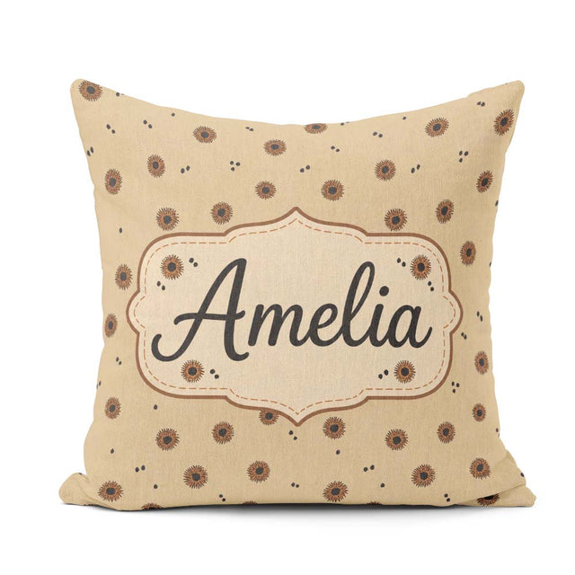 Custom Name Tan Background with Small Black Floral Dots Abstract Square Filled Cushion Throw Pillow Sofa Bed Home Decor Zip Washable UK Made