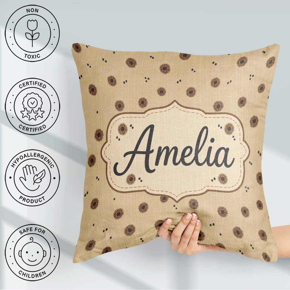 Custom Name Tan Background with Small Black Floral Dots Abstract Square Filled Cushion Throw Pillow Sofa Bed Home Decor Zip Washable UK Made
