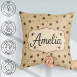 Custom Name Tan Background with Small Black Floral Dots Abstract Square Filled Cushion Throw Pillow Sofa Bed Home Decor Zip Washable UK Made