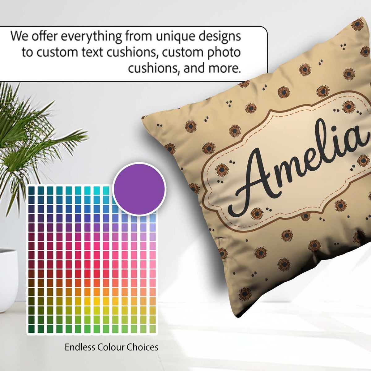 Custom Name Tan Background with Small Black Floral Dots Abstract Square Filled Cushion Throw Pillow Sofa Bed Home Decor Zip Washable UK Made