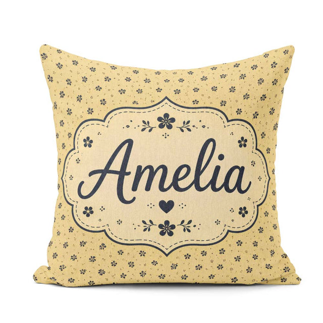 Custom Name Minimal Beige Ditsy with Small Black Flowers on Warm Square Filled Cushion Throw Pillow Sofa Bed Home Decor Zip Washable UK Made