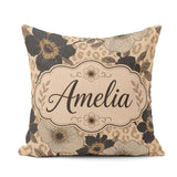 Custom Name Floral with Large Flowers and Subtle Leopard Print Square Filled Cushion Throw Pillow Sofa Bed Home Decor Zip Washable UK Made