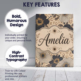 Personalised Name Monochrome Floral with Custom  Unique Gift Idea Elegant Feature Canvas Wall Art Print Decor Picture Ready to Hang