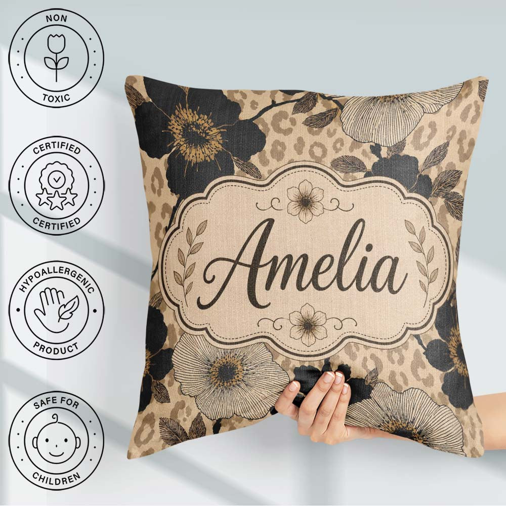 Custom Name Floral with Large Flowers and Subtle Leopard Print Square Filled Cushion Throw Pillow Sofa Bed Home Decor Zip Washable UK Made