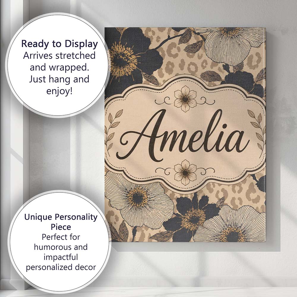 Personalised Name Monochrome Floral with Custom  Unique Gift Idea Elegant Feature Canvas Wall Art Print Decor Picture Ready to Hang