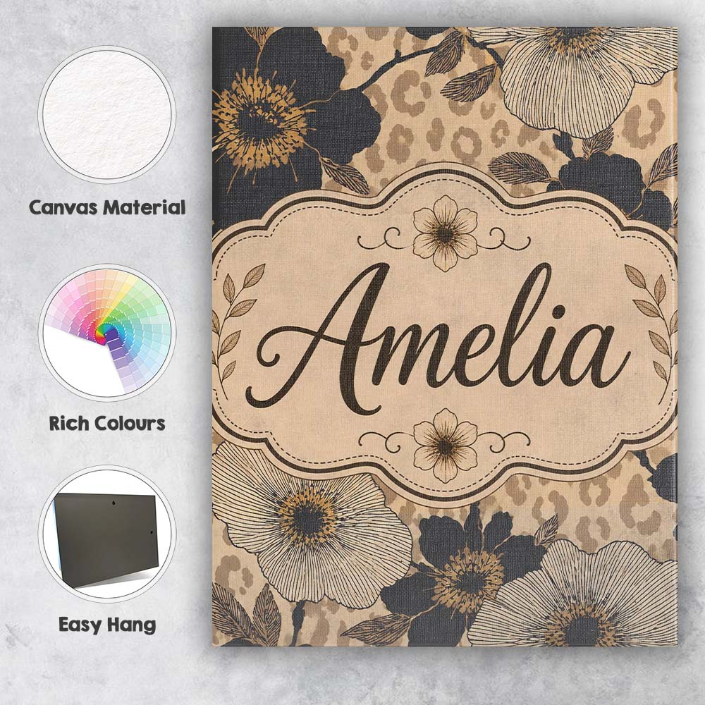 Personalised Name Monochrome Floral with Custom  Unique Gift Idea Elegant Feature Canvas Wall Art Print Decor Picture Ready to Hang