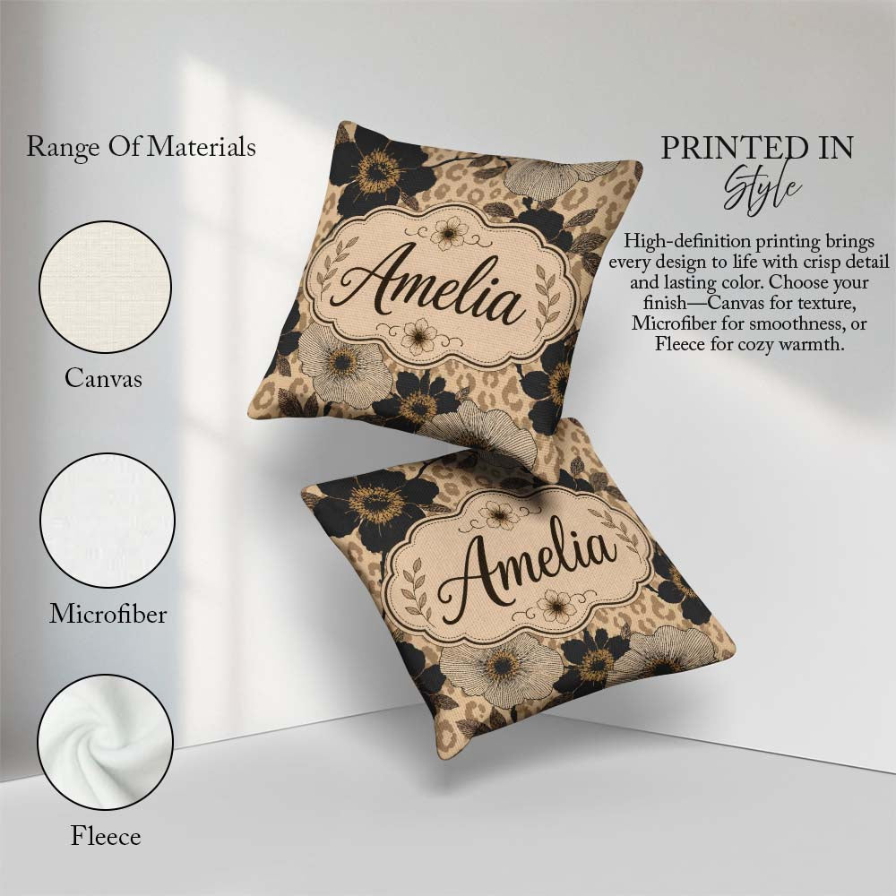 Custom Name Floral with Large Flowers and Subtle Leopard Print Square Filled Cushion Throw Pillow Sofa Bed Home Decor Zip Washable UK Made
