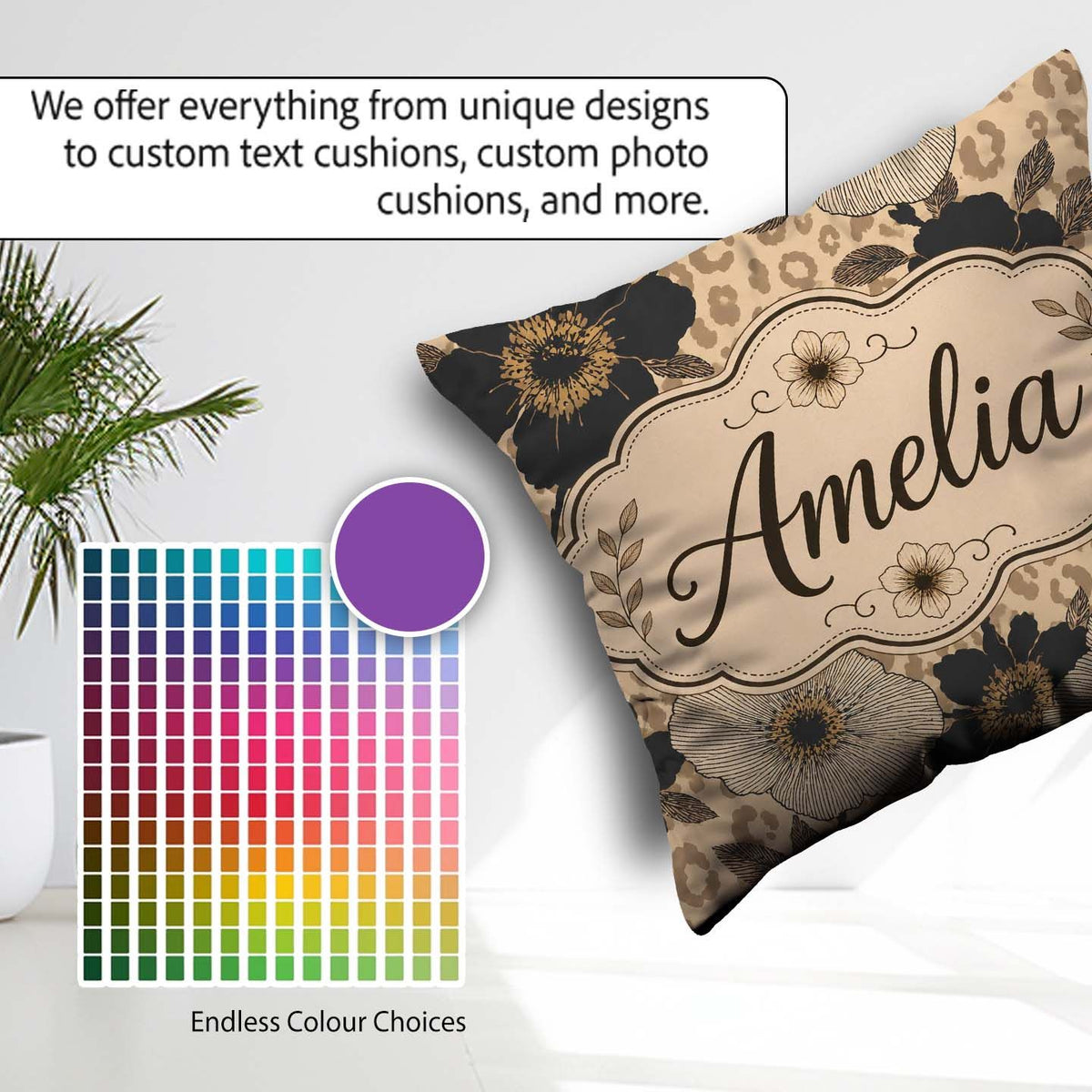 Custom Name Floral with Large Flowers and Subtle Leopard Print Square Filled Cushion Throw Pillow Sofa Bed Home Decor Zip Washable UK Made