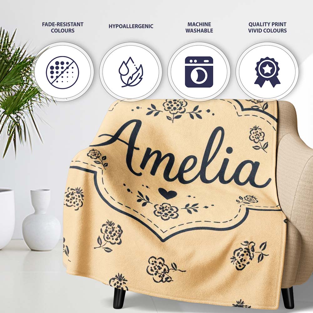 Simple Beige Floral Repeat Small Black Flowers Minimal Aesthetic  Personalised Custom Name Super Soft Fleece Blanket Bed Sofa Throw