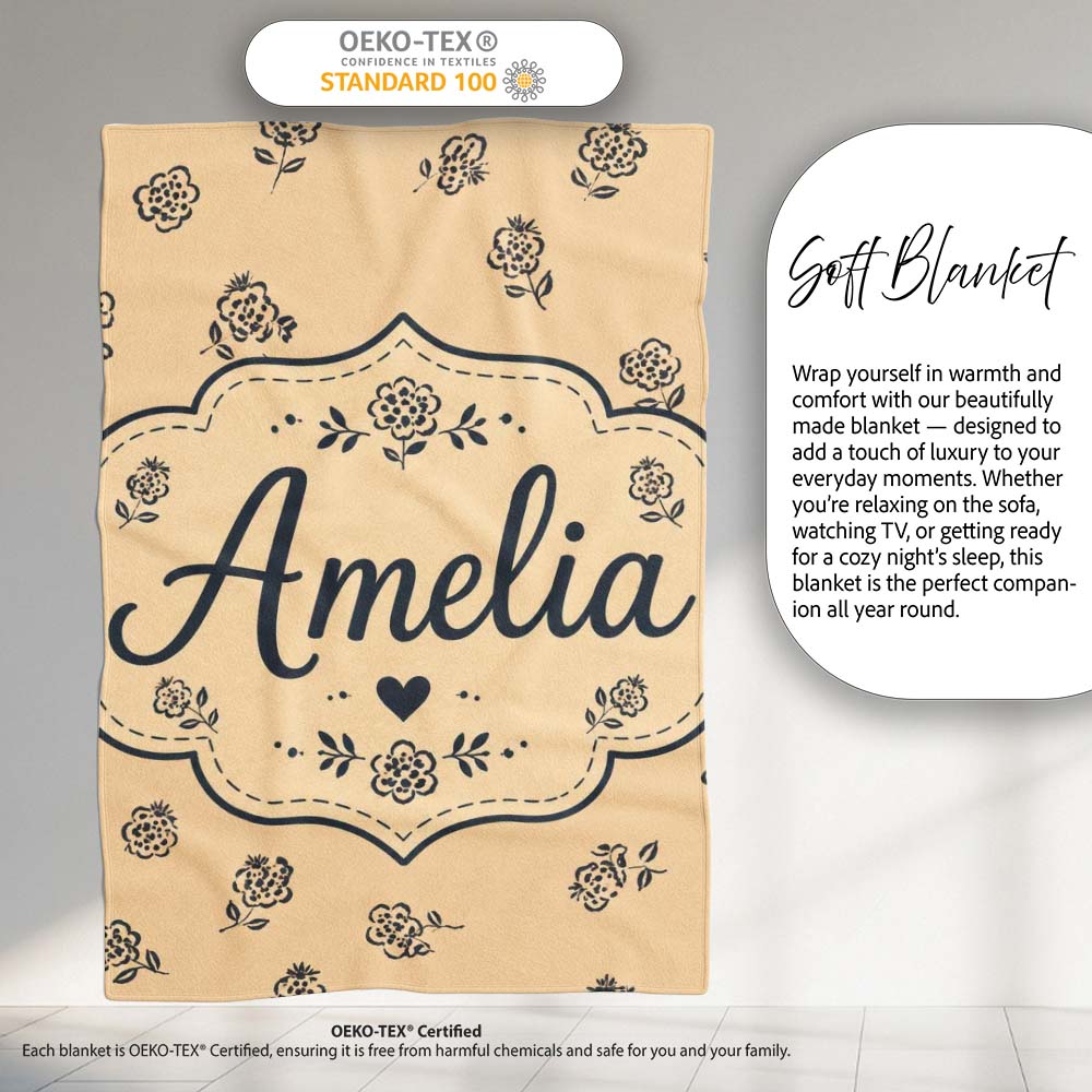 Simple Beige Floral Repeat Small Black Flowers Minimal Aesthetic  Personalised Custom Name Super Soft Fleece Blanket Bed Sofa Throw
