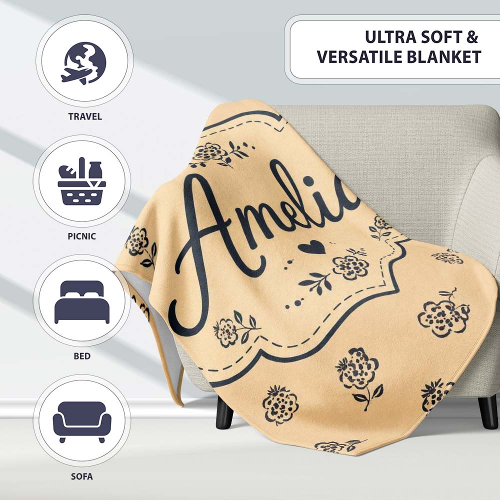 Simple Beige Floral Repeat Small Black Flowers Minimal Aesthetic  Personalised Custom Name Super Soft Fleece Blanket Bed Sofa Throw