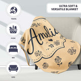 Simple Beige Floral Repeat Small Black Flowers Minimal Aesthetic  Personalised Custom Name Super Soft Fleece Blanket Bed Sofa Throw