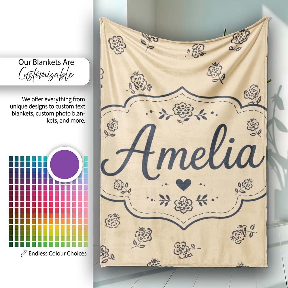 Simple Beige Floral Repeat Small Black Flowers Minimal Aesthetic  Personalised Custom Name Super Soft Fleece Blanket Bed Sofa Throw