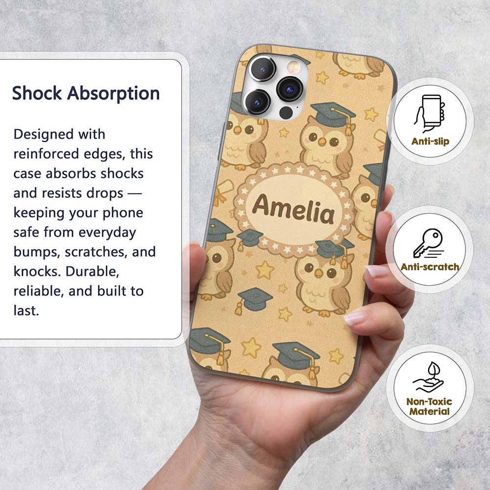 Cute Graduation Owl Cartoon Animal Pattern Cute Custom Name Protective Phone Case Mobile Cover Durable Everyday Smartphone Shock Resistant