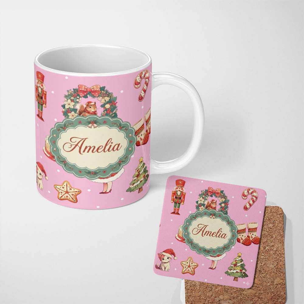 Personalized Custom Name Cute Christmas Nutcracker Squirrel Cake Candy Cane Girl Tree Pink 11oz Ceramic Coffee Tea Mug White Large Handle