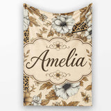 Vintage Neutral Floral Detailed Flowers and Leopard Print Panel  Personalised Custom Name Super Soft Fleece Blanket Bed Sofa Throw