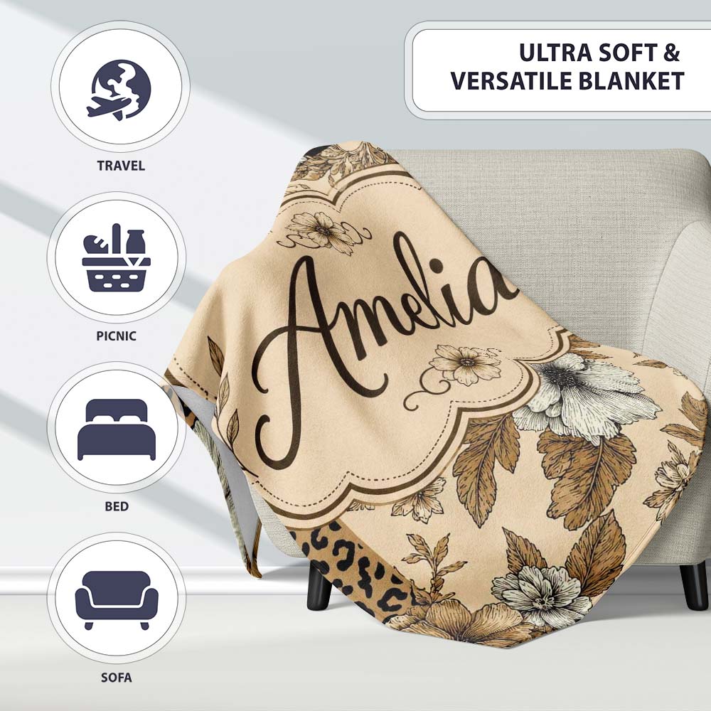 Vintage Neutral Floral Detailed Flowers and Leopard Print Panel  Personalised Custom Name Super Soft Fleece Blanket Bed Sofa Throw