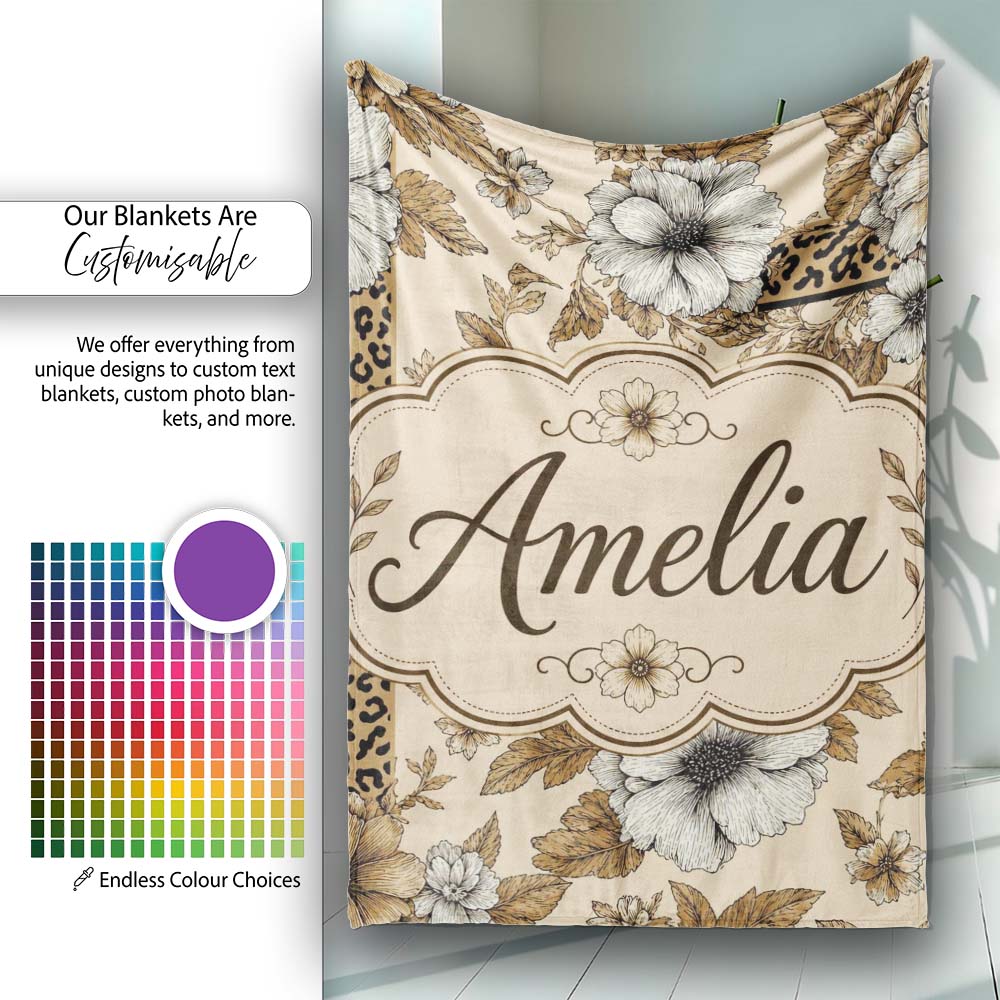 Vintage Neutral Floral Detailed Flowers and Leopard Print Panel  Personalised Custom Name Super Soft Fleece Blanket Bed Sofa Throw