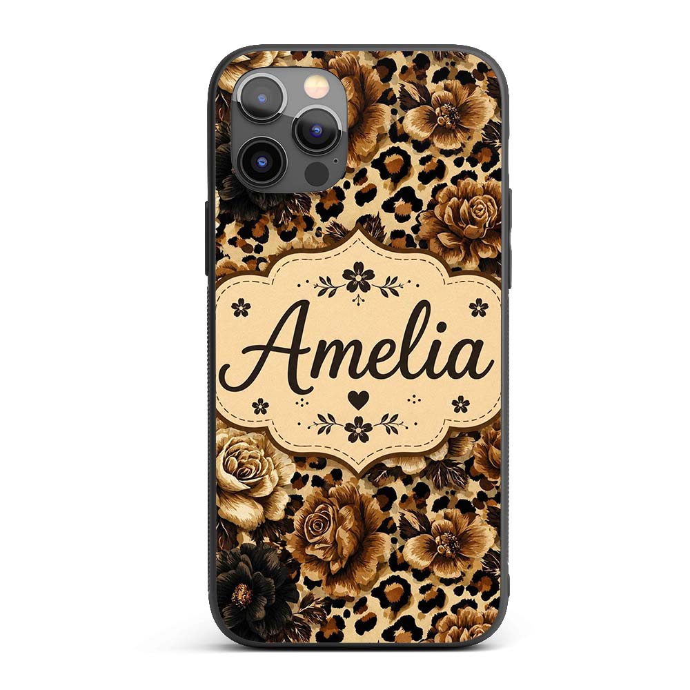 Vintage Floral and Leopard Print in Neutral Beige Custom Name Protective Phone Case Mobile Cover Durable Everyday Smartphone Shock Resistant