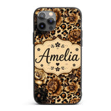 Vintage Floral and Leopard Print in Neutral Beige Custom Name Protective Phone Case Mobile Cover Durable Everyday Smartphone Shock Resistant