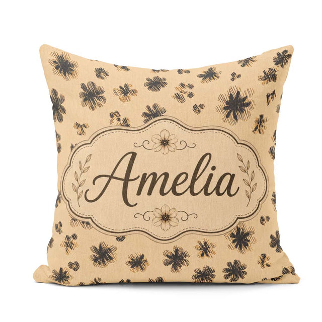 Custom Name Leopard Spot and Floral Ditsy with Black Motifs Warm Square Filled Cushion Throw Pillow Sofa Bed Home Decor Zip Washable UK Made