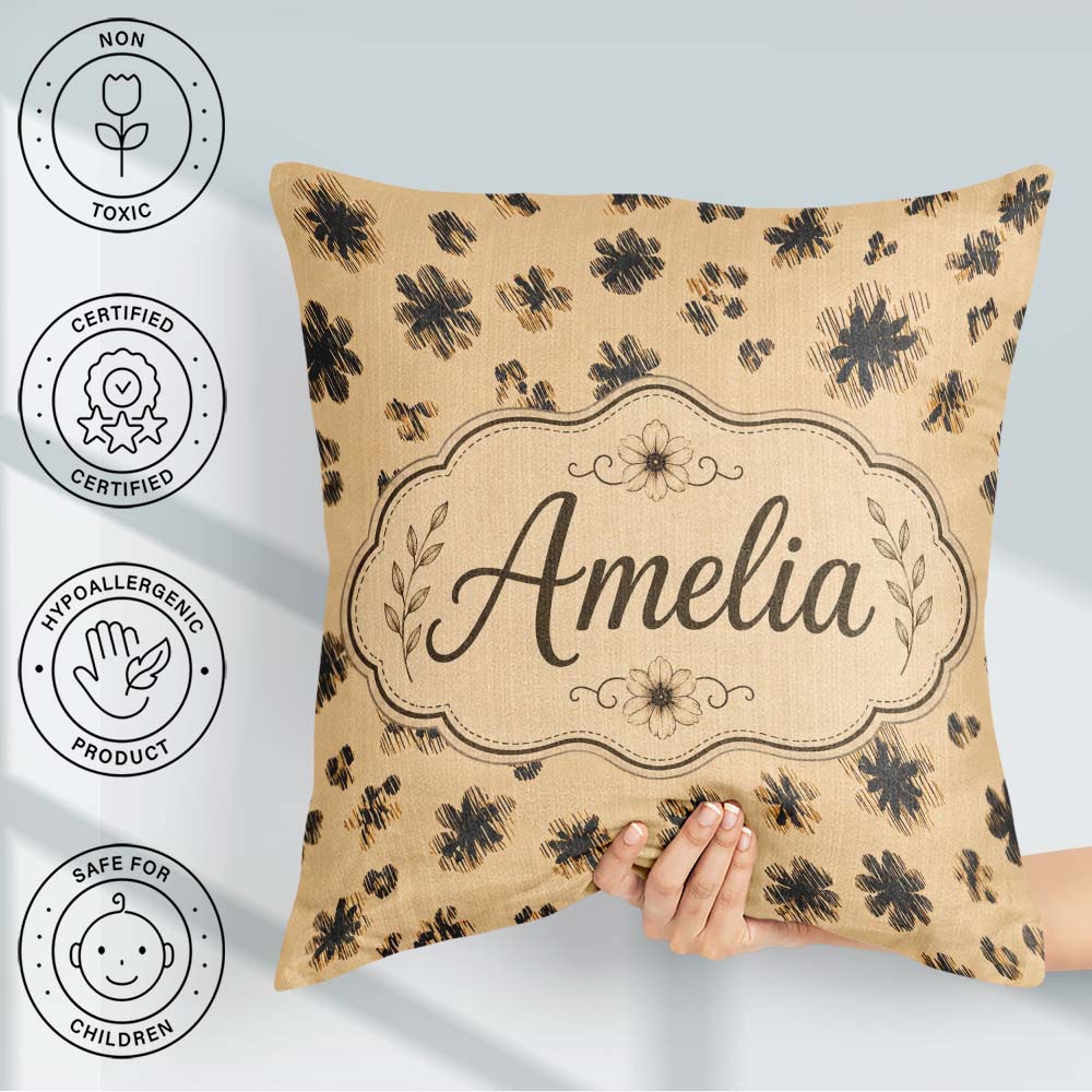 Custom Name Leopard Spot and Floral Ditsy with Black Motifs Warm Square Filled Cushion Throw Pillow Sofa Bed Home Decor Zip Washable UK Made