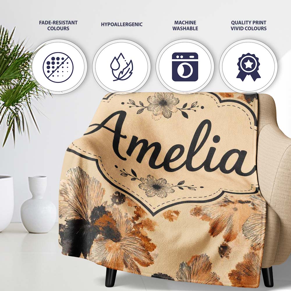 Artistic Watercolor Floral with Soft Neutral Tones Texture Lovely  Personalised Custom Name Super Soft Fleece Blanket Bed Sofa Throw