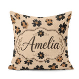 Custom Name Modern Minimal Floral and Leopard Mix Black Beige Square Filled Cushion Throw Pillow Sofa Bed Home Decor Zip Washable UK Made