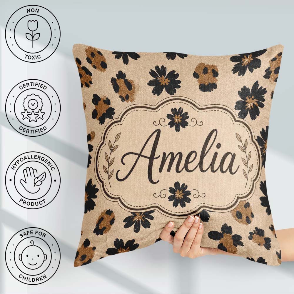 Custom Name Modern Minimal Floral and Leopard Mix Black Beige Square Filled Cushion Throw Pillow Sofa Bed Home Decor Zip Washable UK Made