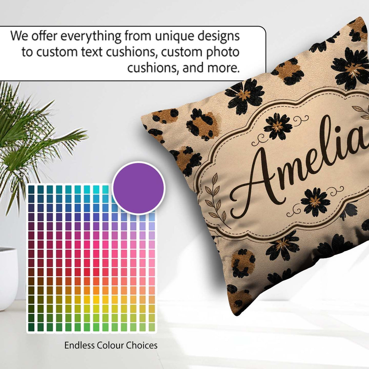 Custom Name Modern Minimal Floral and Leopard Mix Black Beige Square Filled Cushion Throw Pillow Sofa Bed Home Decor Zip Washable UK Made