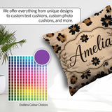 Custom Name Modern Minimal Floral and Leopard Mix Black Beige Square Filled Cushion Throw Pillow Sofa Bed Home Decor Zip Washable UK Made