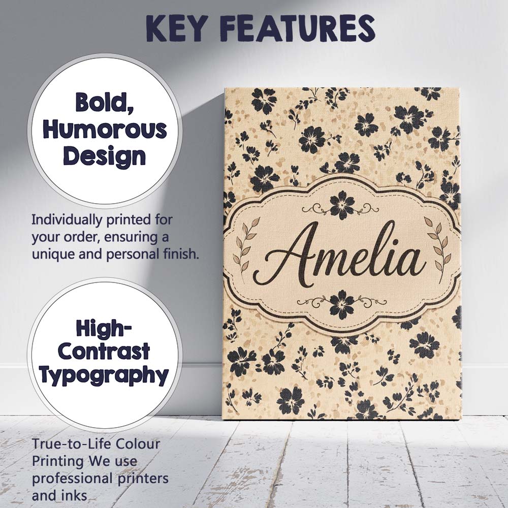 Personalised Name Ditsy Black Floral on Custom  Modern Room Accent Elegant Feature Canvas Wall Art Print Decor Picture Ready to Hang