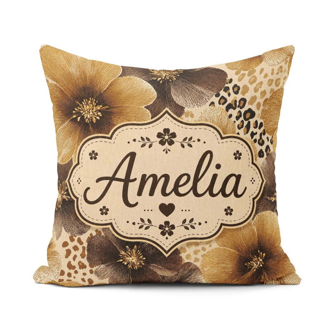 Custom Name Warm Gold Brown Floral with Abstract Leopard Textile Square Filled Cushion Throw Pillow Sofa Bed Home Decor Zip Washable UK Made