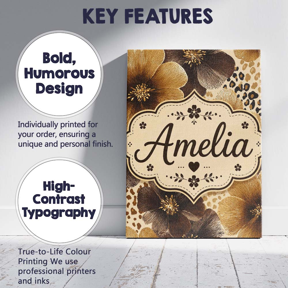 Personalised Name Warm Gold and Brown Custom Modern Room Accent Creative Decorator Style Canvas Wall Art Print Decor Picture Ready to Hang
