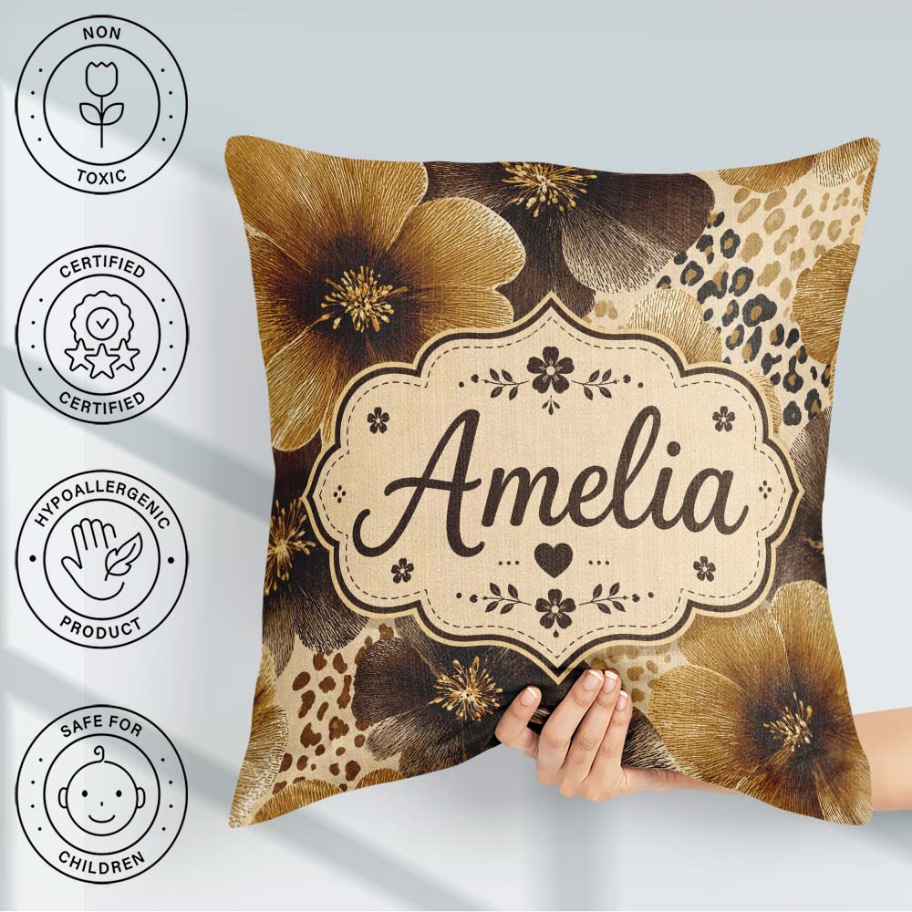 Custom Name Warm Gold Brown Floral with Abstract Leopard Textile Square Filled Cushion Throw Pillow Sofa Bed Home Decor Zip Washable UK Made